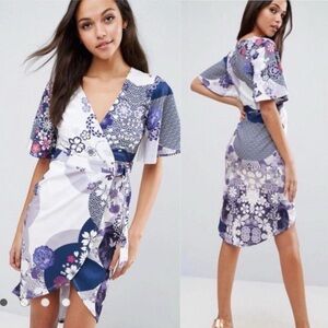ASOS Size 6 Purple &White Floral Kimono High Low Belted Wrap Spring Sumer Dress